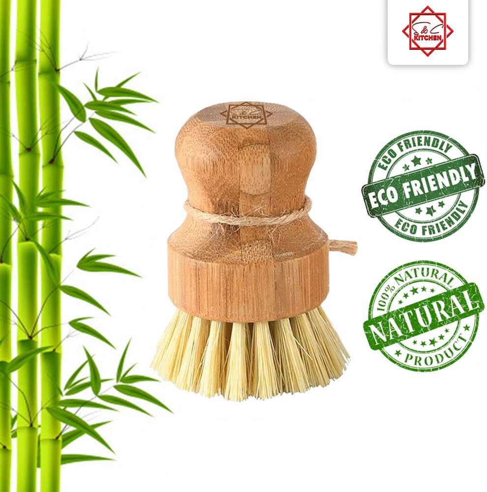 Bamboo Scrub Brush - S&C Kitchen, Cleans Pan/Vegetable/Dishes/Wok, Scrub Brush Dishes for Kitchen/Bathroom, Made Out of Palm & Sisal Bristles with a Handle, Vegetable Brush for Cleaning, Set of 3