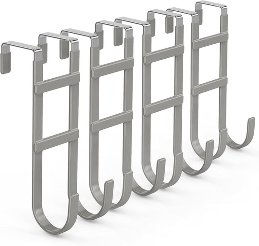 FYY Over The Door Hooks - 4 Pack Heavy Duty Dual-Hook Organizer Hanger with Non-Slip Rubber for Towels, Clothes, Hats & Bags Use in Bathroom, Bedroom, Kitchen - Fits Interior Doors Up to 1.6" Grey