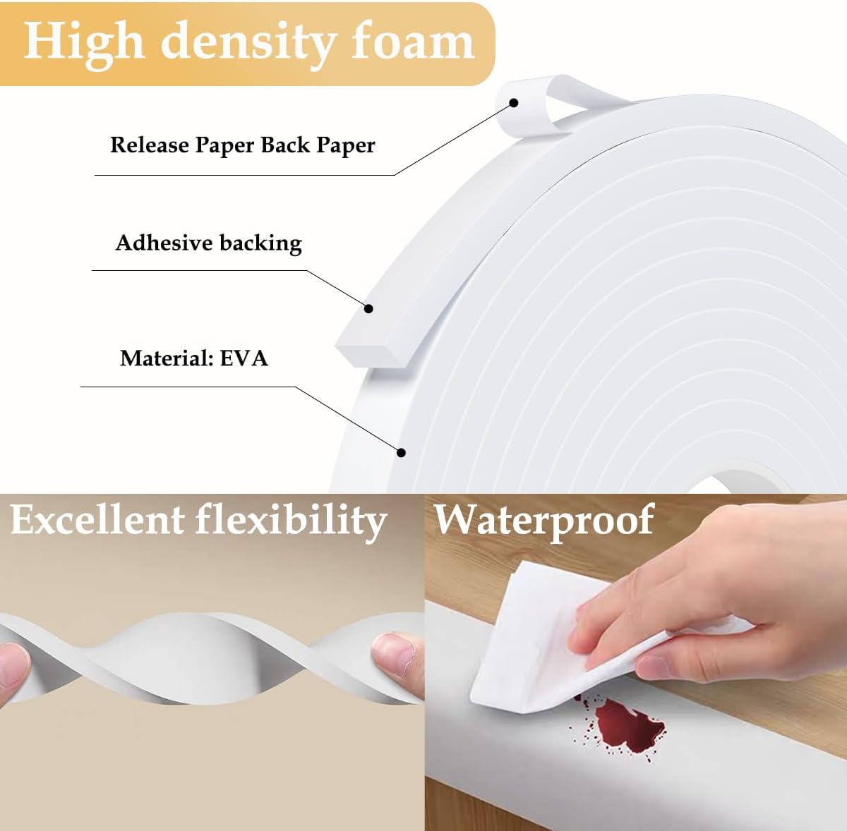 Weather Stripping Door Seal White,1/2Inch Wide X 1/4 Inch Thick,Air Conditioner Window Seal,Self Adhesive Foam Tape High Density Foam Sealing Strip,Soundproof Foam Tape Roll,Total 16.4 Feet Long