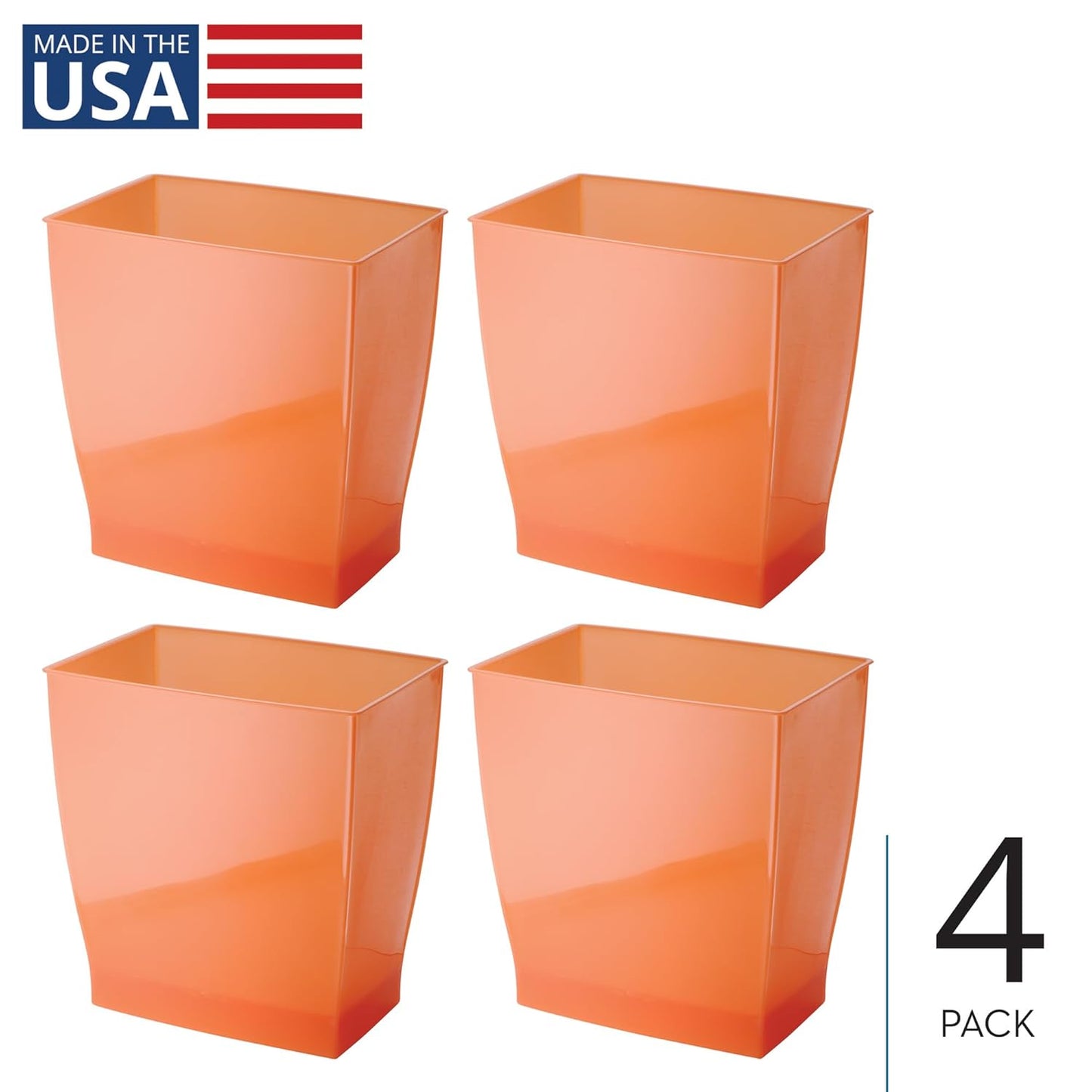 iDesign Small Rectangular Bathroom Trash Cans - Set of 4 - Tango Orange, Made in USA