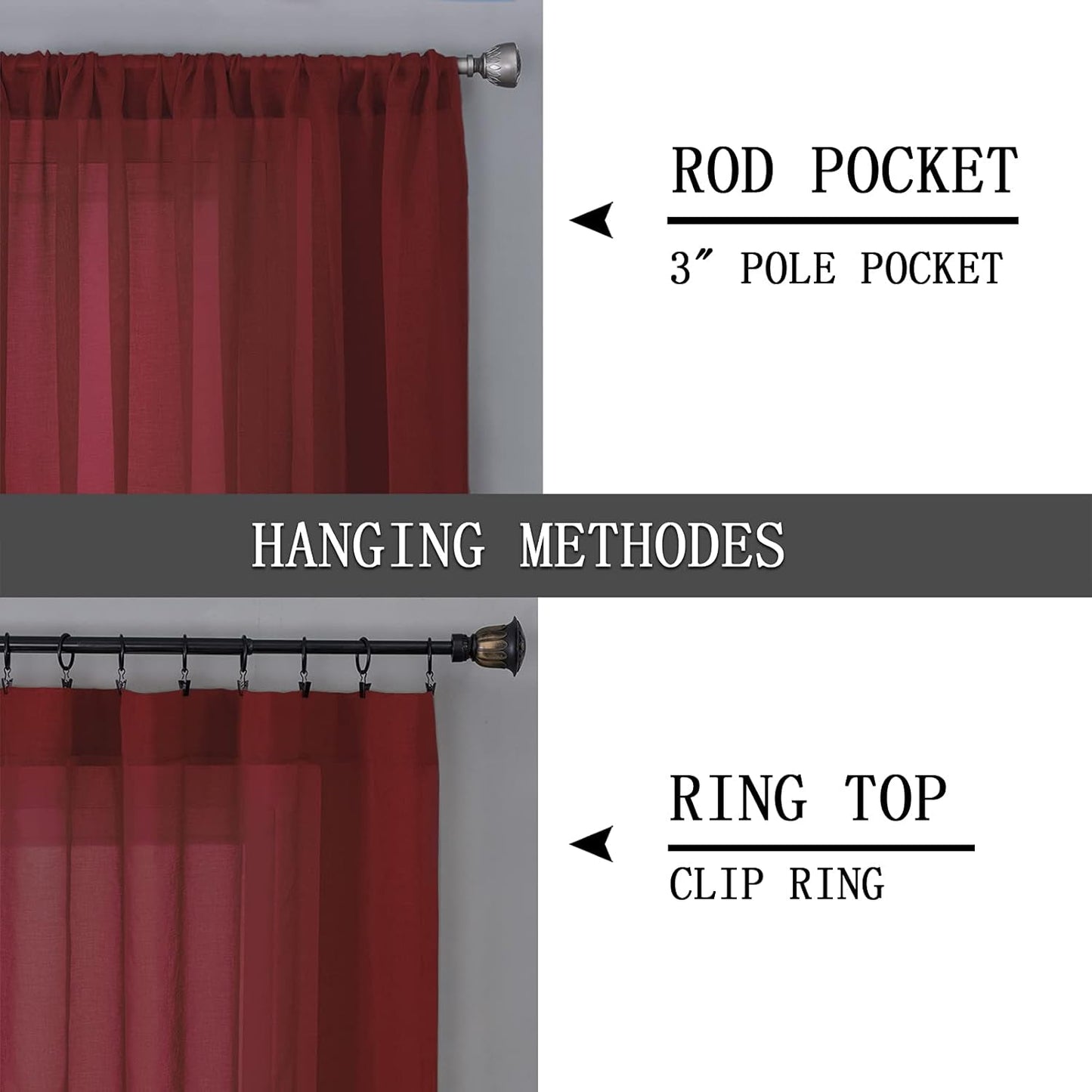 Tollpiz Short Sheer Curtain Living Room Linen Textured Curtains Sheer Light Filtering Voile Rod Pocket Curtain for Bedroom, 38 x 54 inches Long, Burgundy Red, Set of 2 Panels