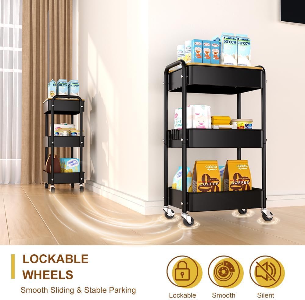 3 Tier Metal Utility Cart, Rolling Storage Cart with Wooden Tabletop, Metal Organizer Cart with Lockable Wheels for Office, Bedroom, Kitchen and Living Room (Black)