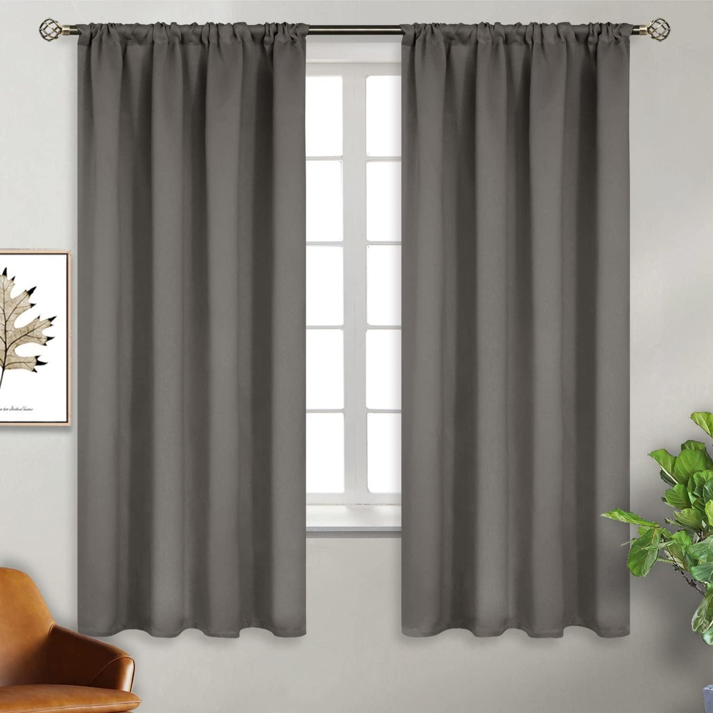 BGment Rod Pocket Blackout Curtains for Bedroom 63 Inches Length - Thermal Insulated Room Darkening Curtain for Living Room, 42 x 63 Inch, 2 Panels, Grey