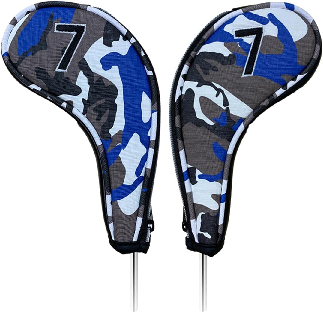 9pcs PU Leather Camouflage Blue Zipper Long Neck Design Golf Iron Headcovers Both Side Number Golf Iron Club Head Cover LH RH Covers #4-9,P,S,A