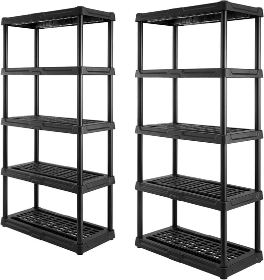 CX 5-Tier (72”H x 36”W x 18”D) Plastic Storage Shelving Unit (Black) 2 Pack, Heavy Duty, 150lbs Per Shelf Capacity, Indoor/Outdoor Storage Organization in Home, Garage, Office, Easy Assembly