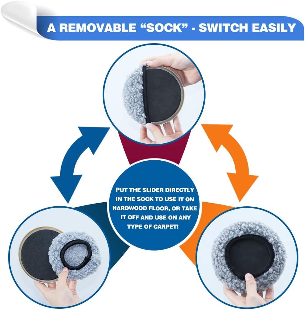 Furniture Sliders,Multi-Surface 2-in-1 Furniture Moving Pads for Carper & Hardwood Floors - 12 Pack 5" Carpet Sliders and 12 Hardwood Socks - Protect Floors & Carpet and Easier to Move