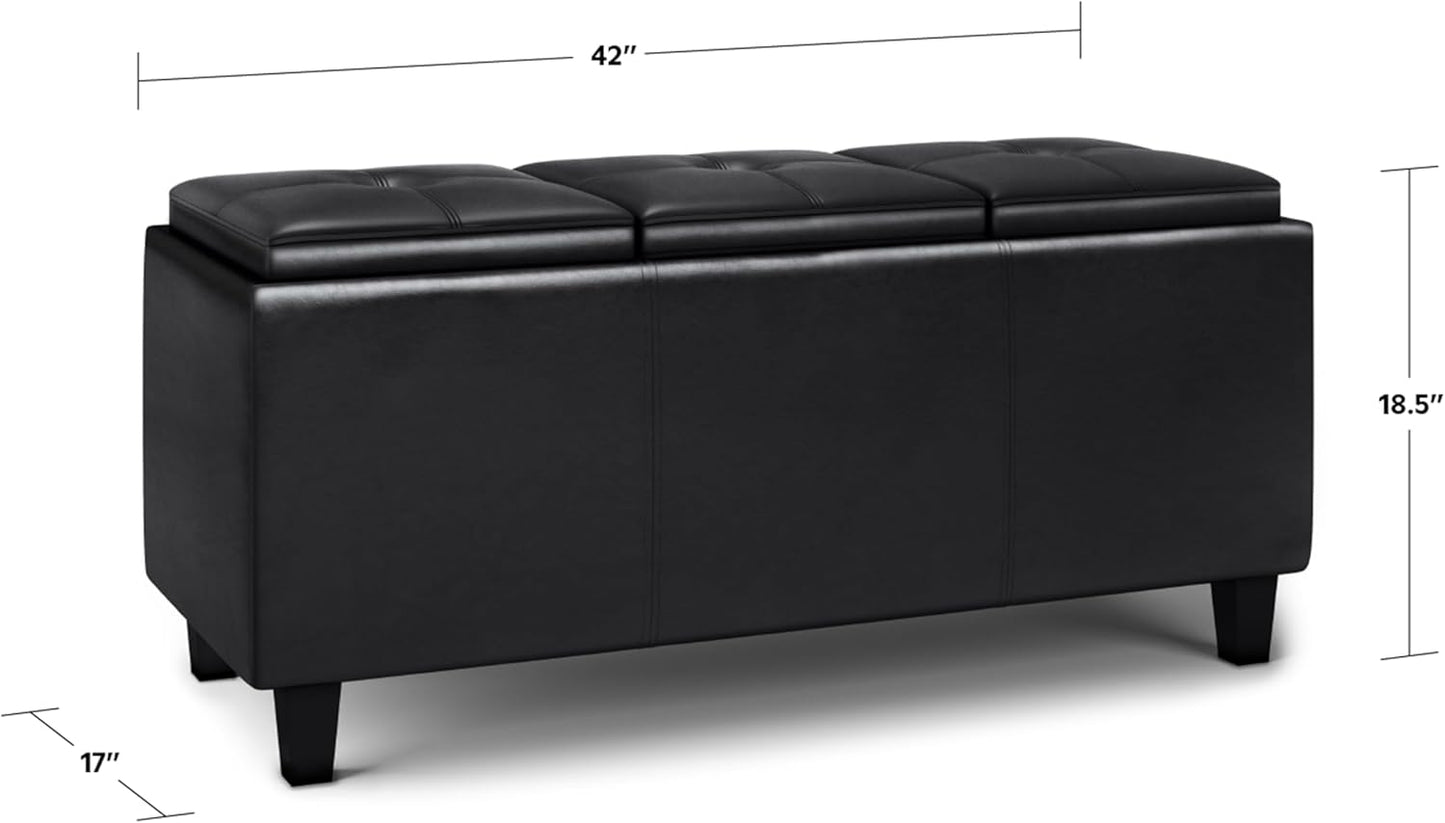 SIMPLIHOME Avalon 42 inch Wide Contemporary Rectangle Tray Storage Ottoman with Lift Up Lids in Midnight Black Vegan Faux Leather, Assembled, for the Living Room, Entryway and Family Room