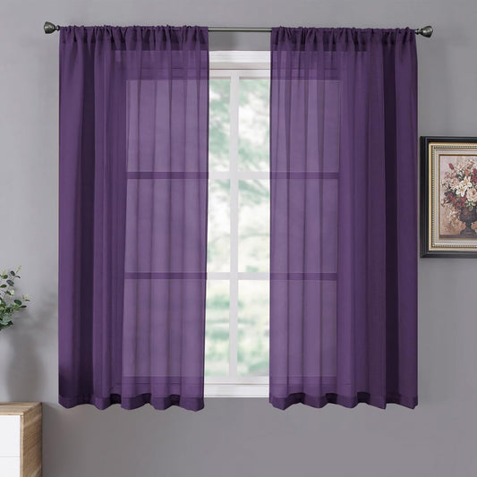 Tollpiz Short Sheer Curtains Living Room Linen Textured Curtain Sheers Light Filtering Voile Rod Pocket Curtains for Bedroom, 38 x 45 inches Long, Royal Purple, Set of 2 Panels