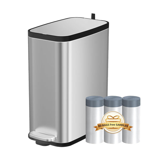 Stainless Steel Bathroom Trash Can with Lid Soft Close,1.6 Gallon Slim Garbage can,Small Metal Step Wastebasket for Office, Bedroom, Toilet, Live Room
