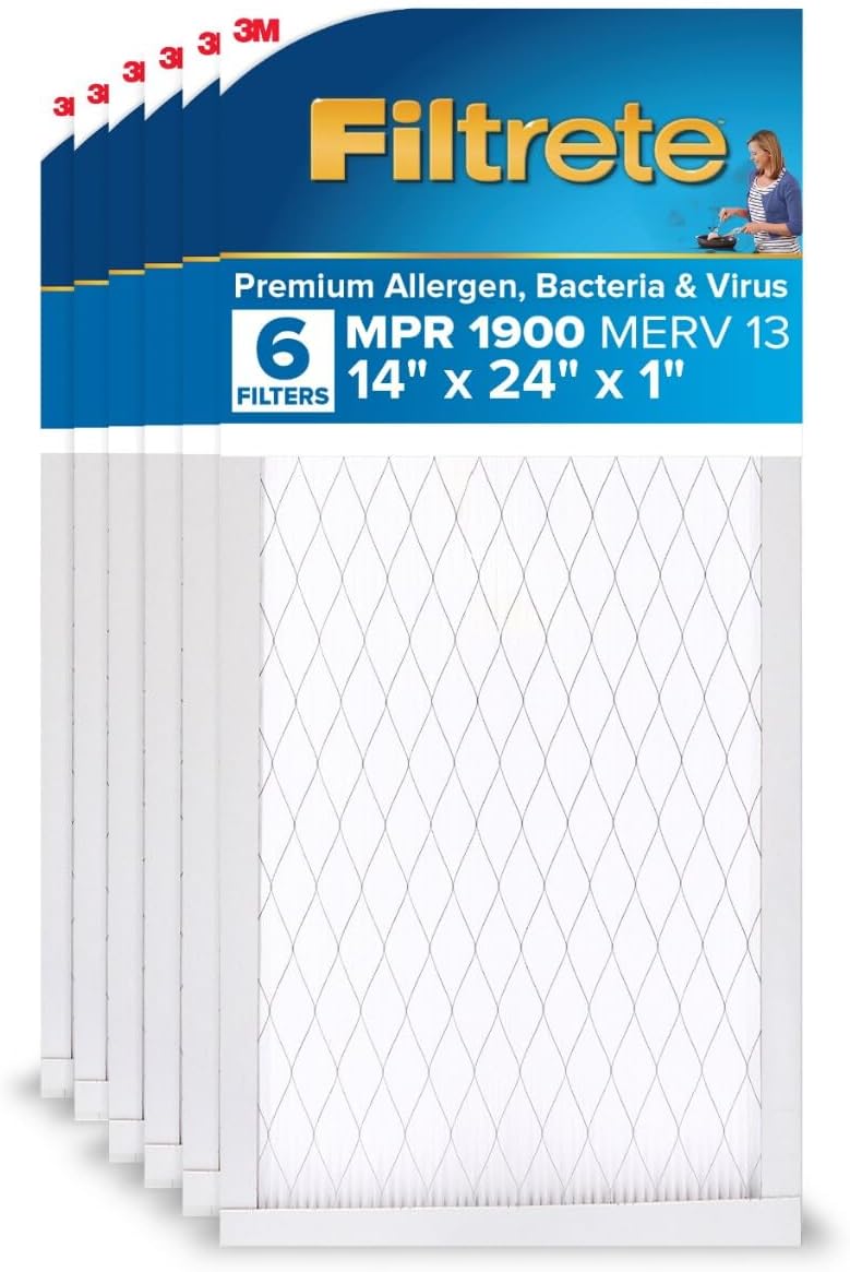 Filtrete 14x24x1 AC Furnace Air Filter, MERV 13, MPR 1900, Premium Allergen, Bacteria & Virus Filter, 3-Month Pleated 1-Inch Electrostatic Air Cleaning Filter, 6-Pack (Actual Size 13.81x23.81x0.78 in)