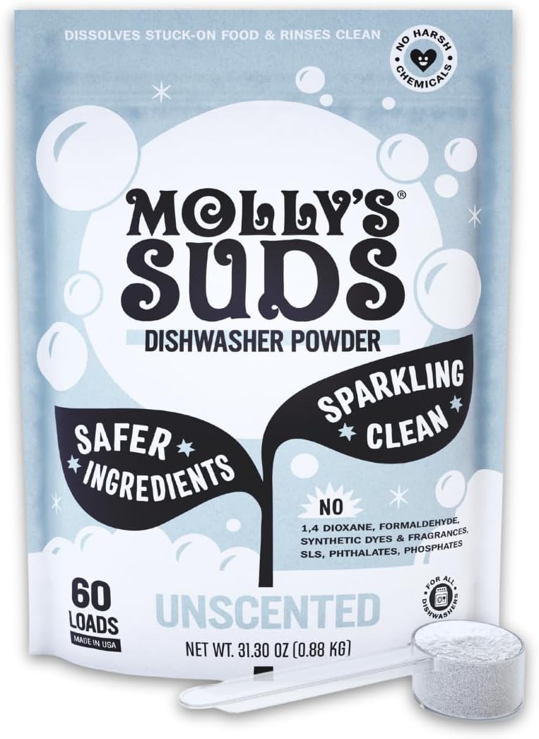 Molly's Suds Dishwasher Powder | Clean Dishwasher Detergent, Cuts Grease & Rinses Clean (Residue-Free) for Sparkling Dishes | 60 Loads (Unscented)