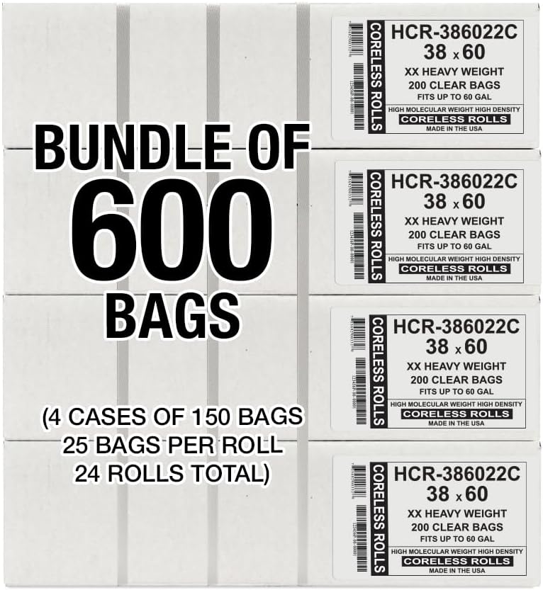 Aluf Plastics High Density Trash Bags, 60 Gallon, 600 Count, 22 Micron (eq), 38" x 60", Clear, for Bathroom, Office, Industrial, Commercial, Janitorial, Municipal, Recycling