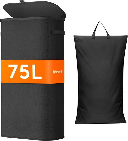Lifewit 75L Slim Laundry Basket with Lid, Narrow Large Laundry Hamper with Plastic Handles and Removable Bag, Tall Foldable Dirty Clothes Hampers for Laundry Room, Bedroom, Bathroom, Dorm, Black