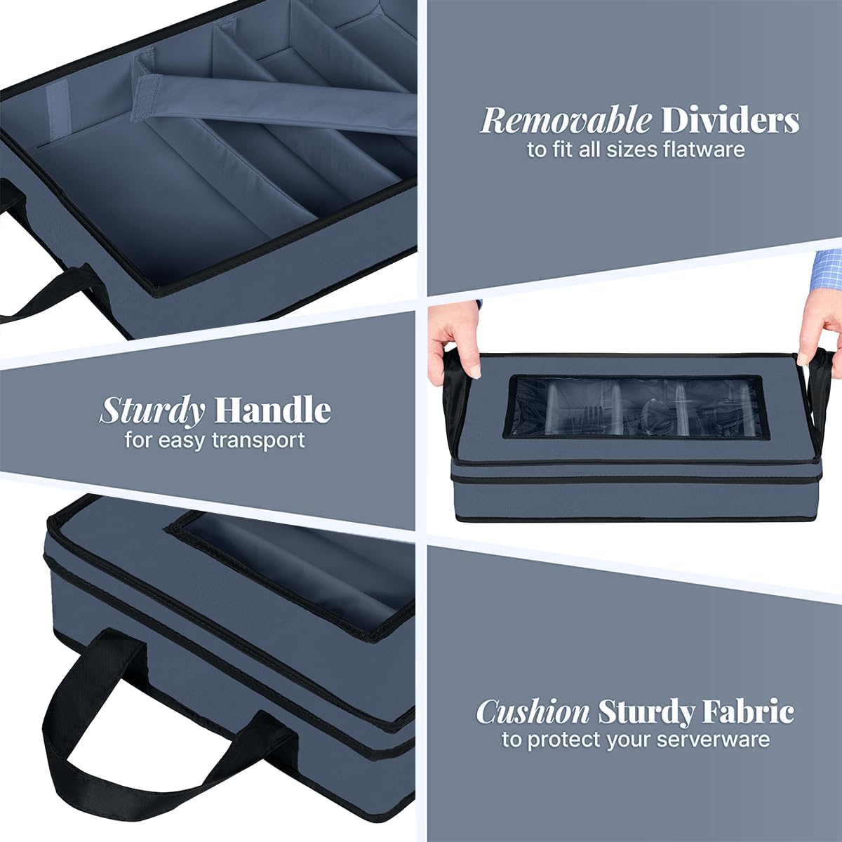 Flatware Storage Case - Durable 5 Compartment Silverware Storage Container Box with Removable Lid and Easy to Carry Handles - Large Capacity Keeps Your Cutlery Organized & Protected - Blue