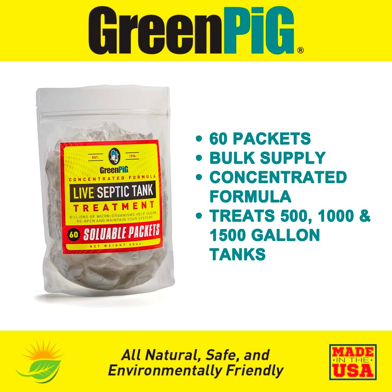 GREEN PIG Septic Tank Treatment - Extra-Large Shareable Quantity, Septic Safe Clog Remover, Prevents Expensive Septic Tank and Drain Field Failures, 60 Pods