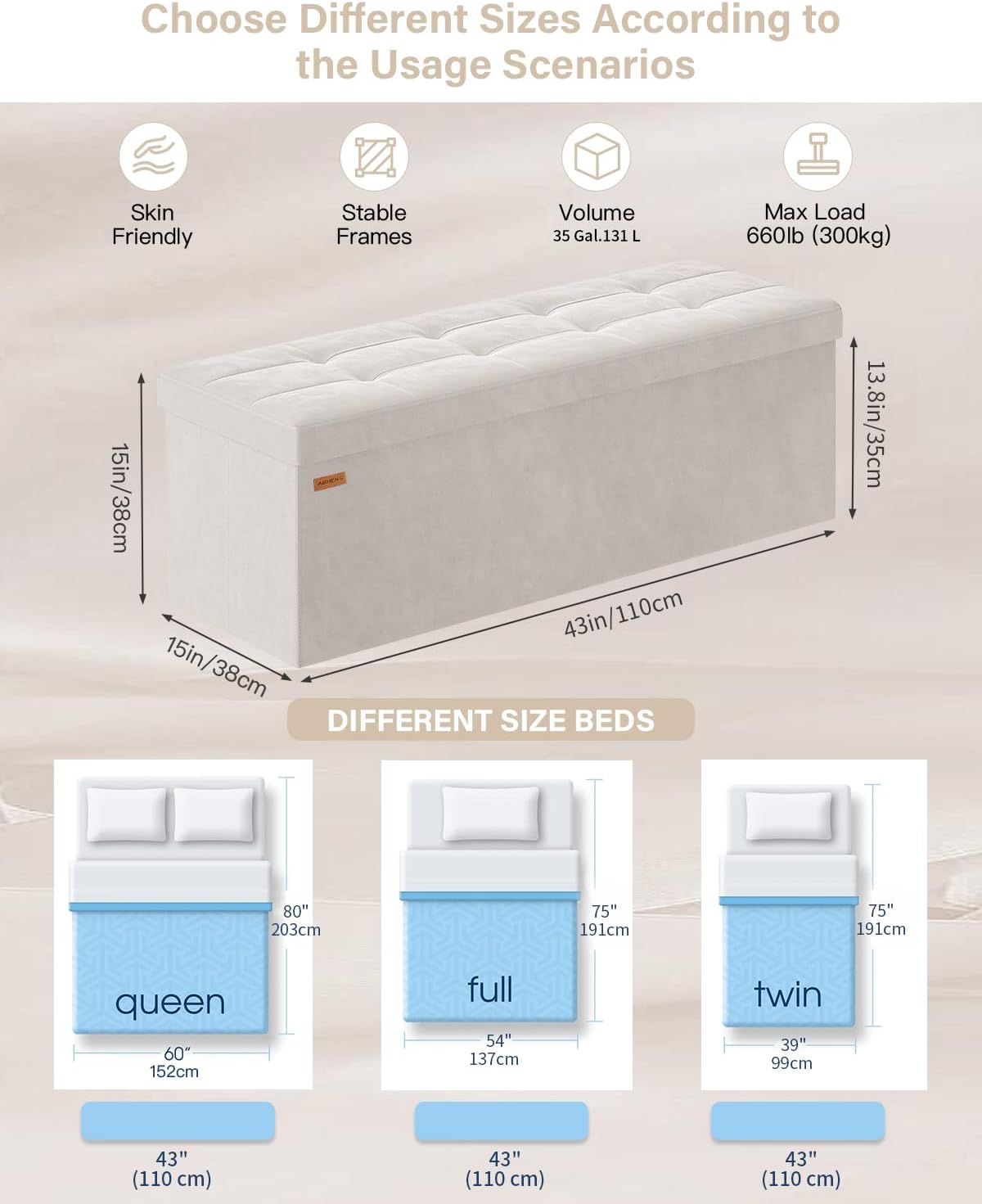 Folding Storage Ottoman, Velvet Storage Bench, Footrest, Removable Divider, for Living Room, Bedroom, 15 x 43 x 15 Inches, 660 lb Load Capacity, Cream White UASND02W