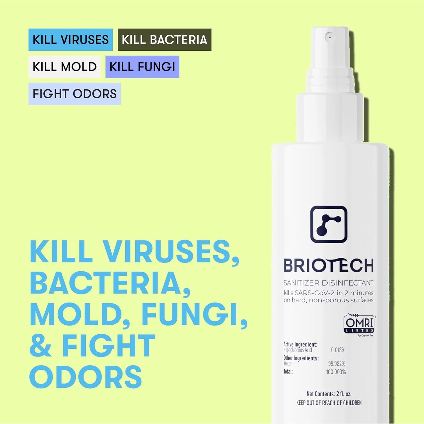 BRIOTECH Sanitizer Disinfectant Hypochlorous Spray, Kill 99.99% of Viruses & Bacteria, Control Mold, Eliminate Odor, Gentle for Nursery & Play Rooms, Food Contact Surface Sanitizer, 4 fl oz (2 Pack)