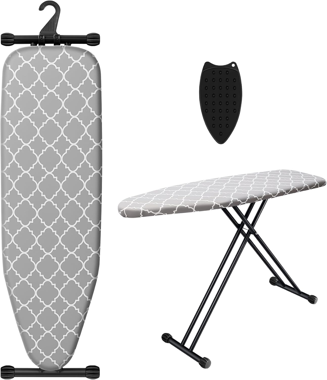 Ironing Board with Silicone Iron Rest pad,Extra Thick Cover,14x54 Compact and Space Saver Iron Board, Height Adjustable,Stable Structure, Easy to Fold, White and Gray