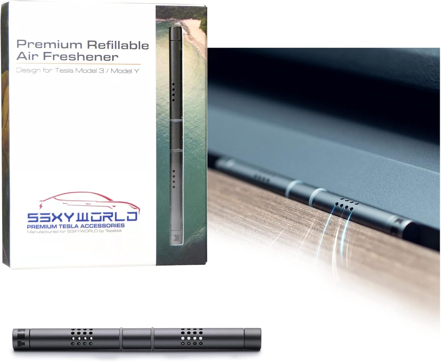 Tesla Model 3 [Not Compatible with Model 3 2024 (Highland)] /Y Air Freshener Invisible Slim Design Four Scents Selection (Pineforest After Rain Set)