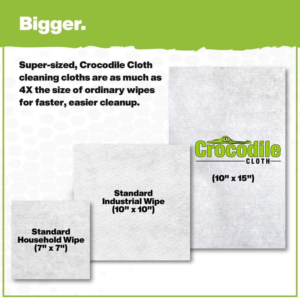 Crocodile Cloth PowerSCRUB Cleaning Wipes – 10 (15" x 10") Dual-Surface Cloths, Heavy-Duty, Moist, Absorbent, & Disposable - Safe on Skin & Multiple Surfaces