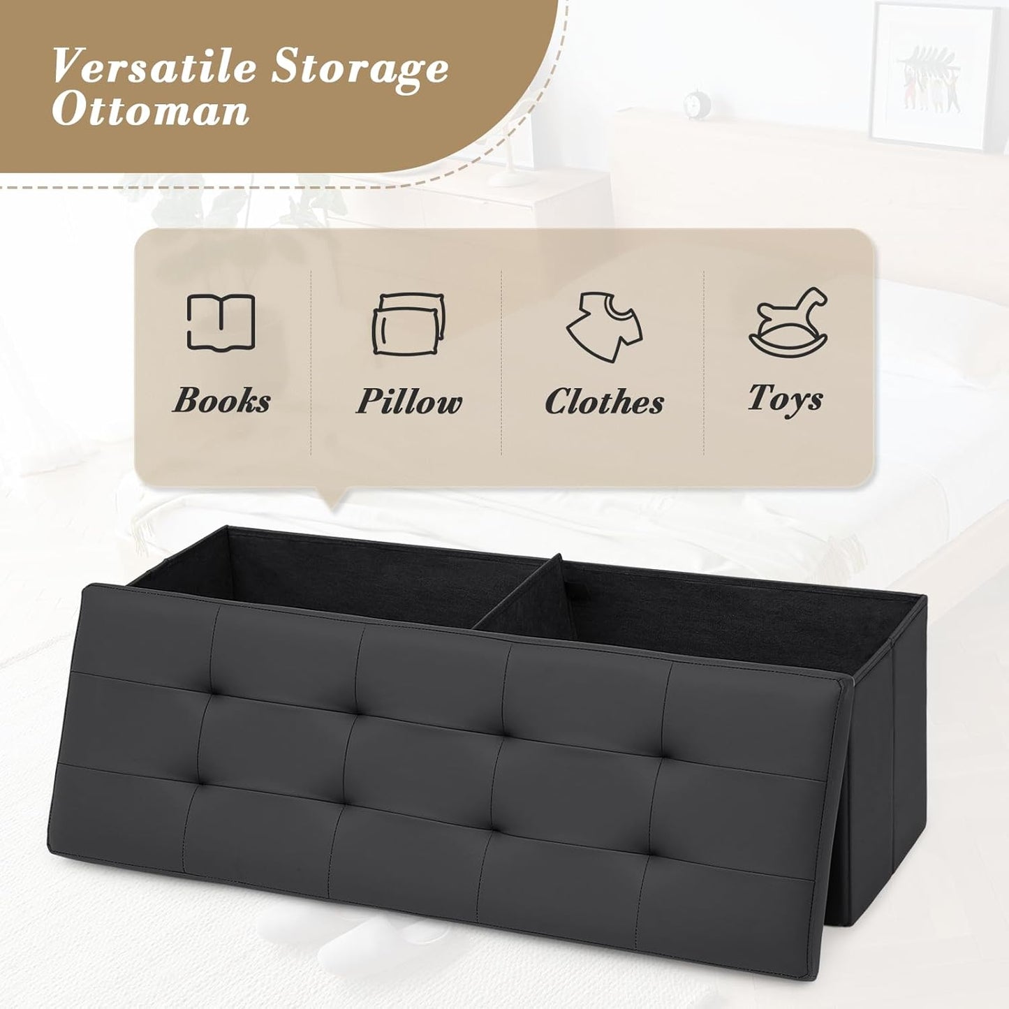 Athena Collection 43" Storage Ottoman Bench Folding Bench with 130L Hidden Storage, Large End of Bed Bench PU Leather Foot Rest Stool Chest with Flipping Lid for Living Room, Bedroom, Entryway, Black