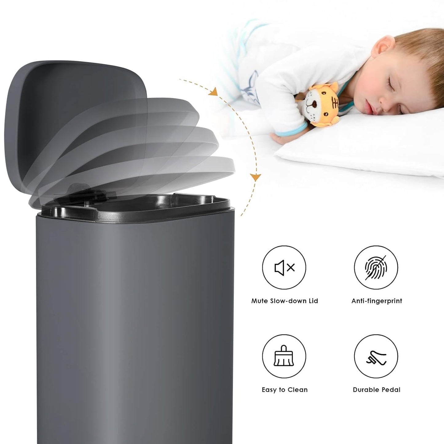 AthLike Trash Can, Stainless Steel Kitchen Garbage Can, Step Waste Bin with Hinged Lid and Removable Inner Bucket, Soft-Close, Dustbin for Bathroom Bedroom Living Room Home (Grey, 8 Gal)