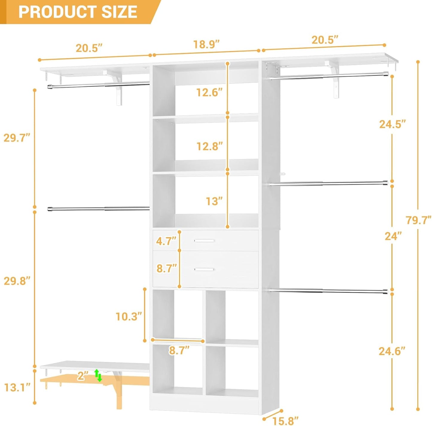 5FT Small Closet System, Baby Closet Organizer System with Wooden Drawers, 60 Inches Walk In Closet System With 5 Hanging Rods and 3 Reversible Hanging Shelving, White