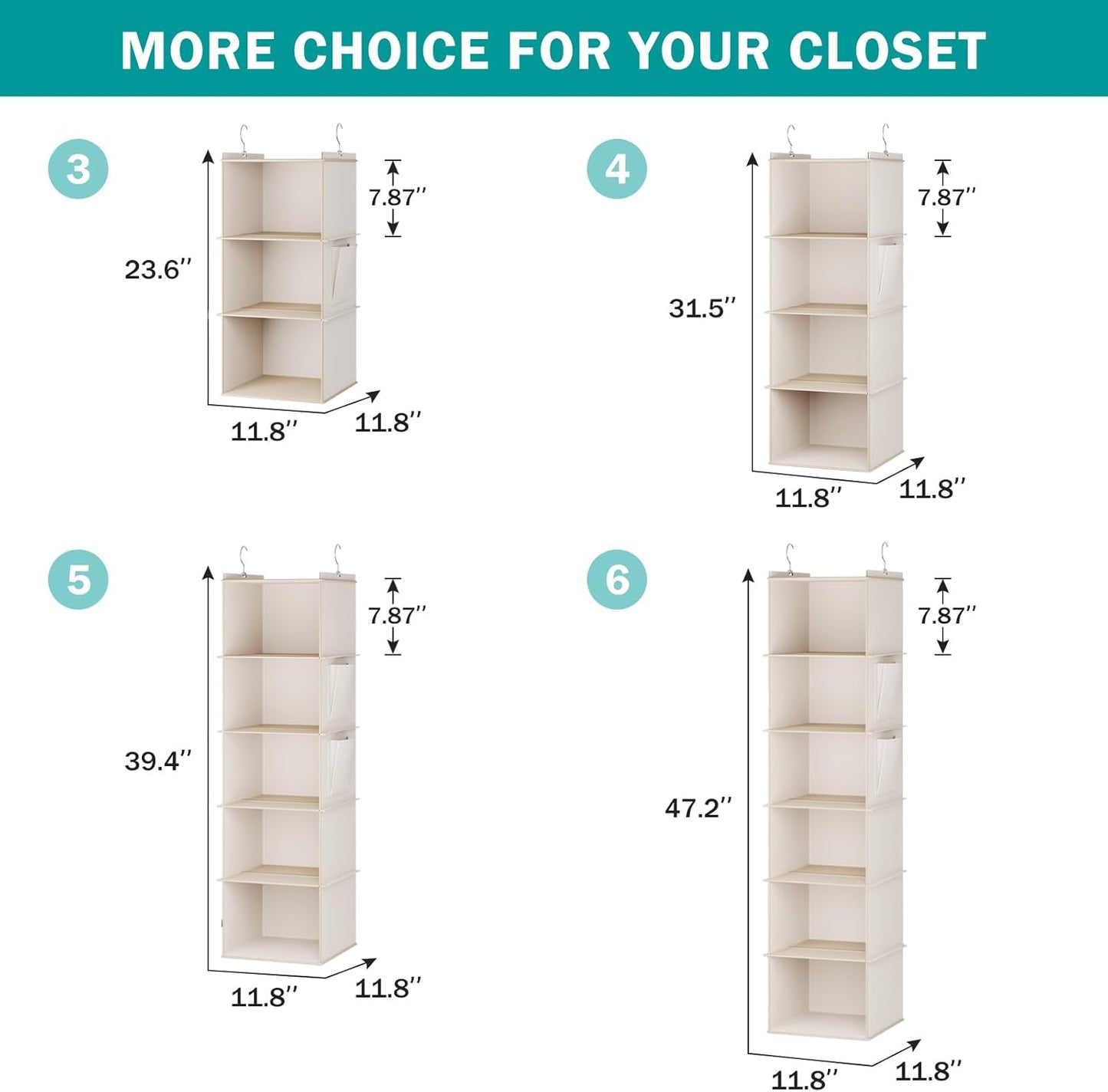 YOUDENOVA Hanging Closet Organizer, 3-Shelf Closet Hanging Storage Shelves, Beige