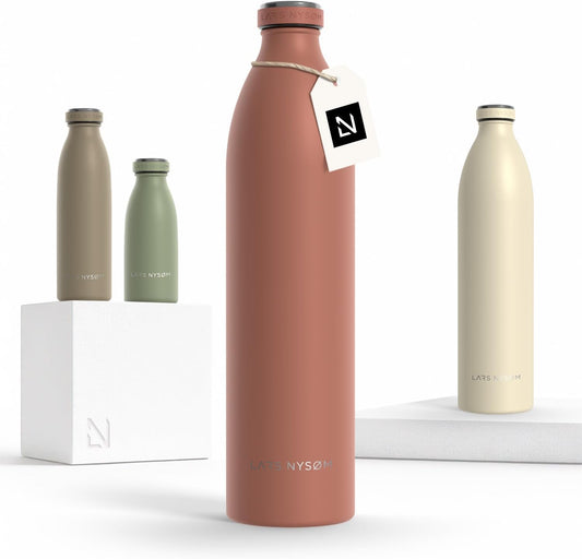 LARS NYSØM Stainless Steel Insulated XL Water Bottle 12oz 17oz 25oz 34oz 51oz | Insulated Thermo Flask for Hot and Cold Beverages | Leakproof Drinking Bottle (Brick Red, 50.7 oz)