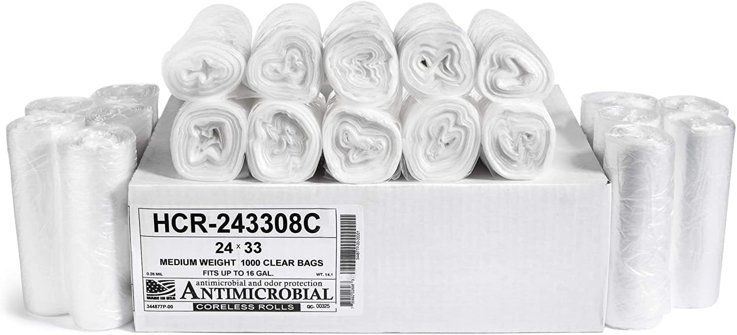 Aluf Plastics - 12-16 Gallon Clear Trash Bags - 24" x 33"- 8 Micron Equivalent High Density Value Garbage Bags for Bathroom, Office, Industrial, Commercial - (1 Pallet of 100 Cases, 10000 Bags Total)