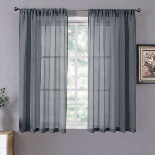 Tollpiz Sheer Curtains Linen Textured Living Room Curtain Sheers Light Filtering Rod Pocket Voile Curtains for Bedroom, 42 x 63 inches Long, Dark Grey, Set of 2 Panels