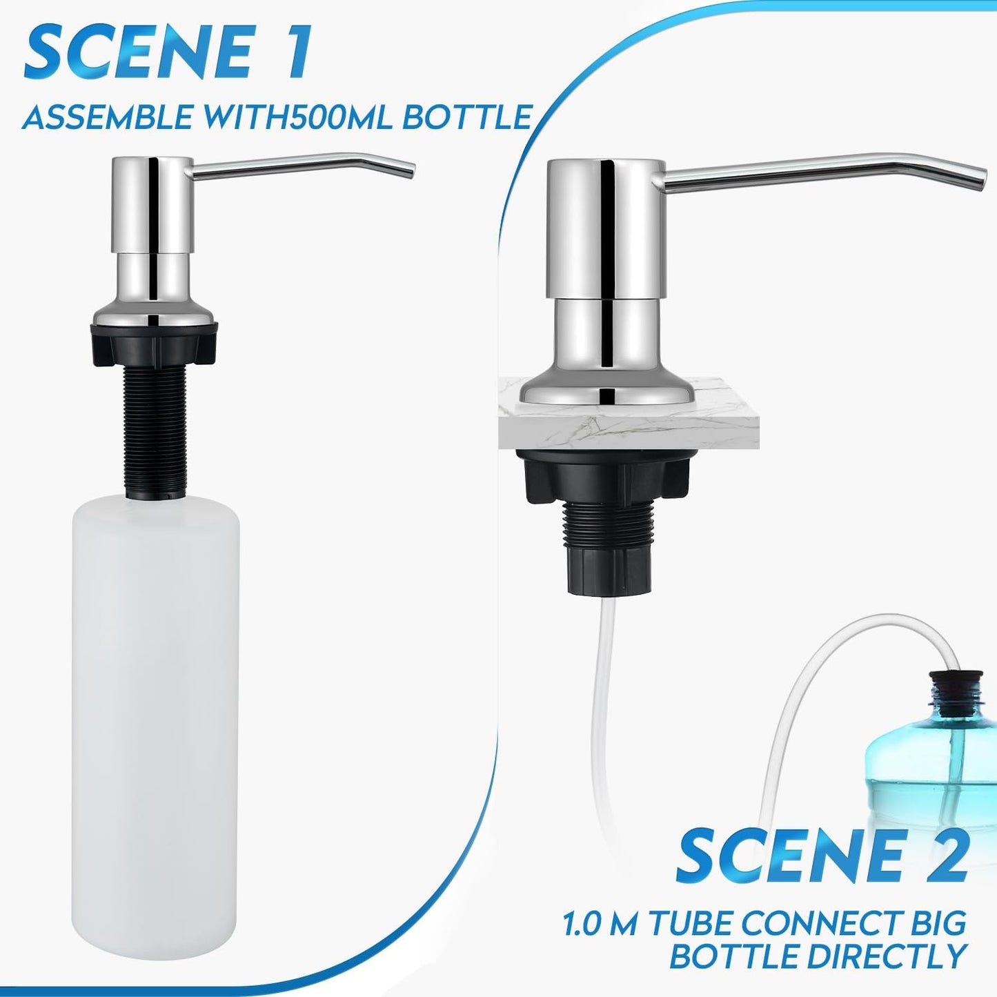 CREA Chrome Built-in Soap Dispenser for Kitchen Sink,Stainless Steel Kitchen Dish Soap Dispenser Pump,in Counter Soap Dispensers Under Sink Mouted Soap Dispenser Set 39" Tube 17oz Large Bottle