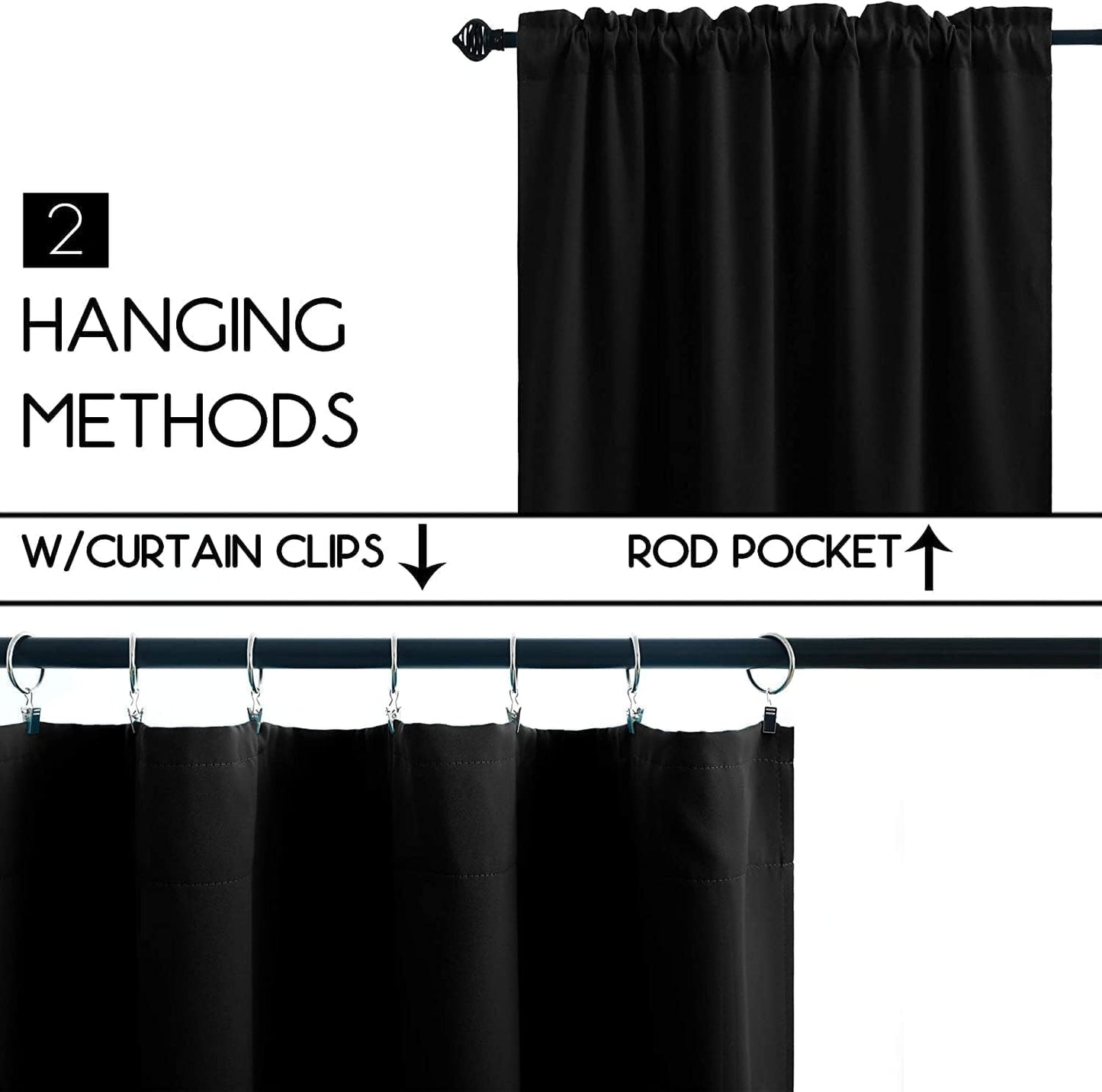 Pickluc Blackout Curtains 45 Inches Long 2 Panels, Room Darkening Tiers with Rod Pocket, Short Black Out Curtain for Small Window, 42" Wide and 45" Length, Set of Two, Black.