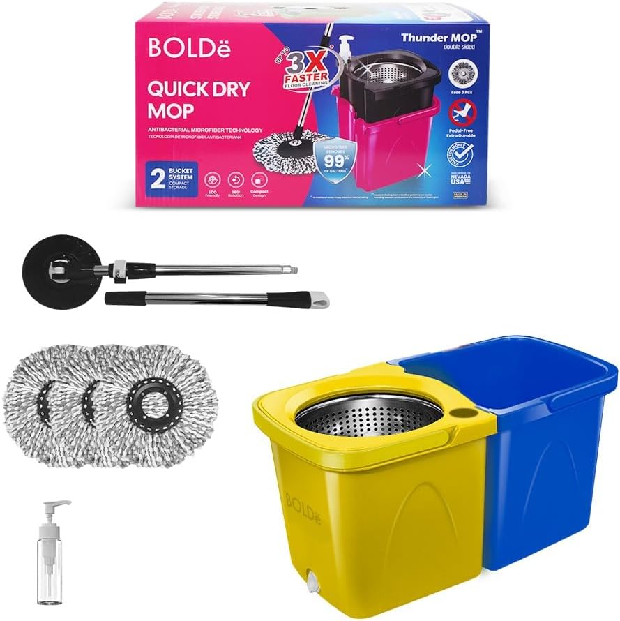 Thunder Mop Spin System - 2 Compact Stackable 6L Buckets, Microfiber Head, Stainless Steel Wringer, Antifungal Quick-Dry Cleaning, Soap Dispenser, 3 Free Refills (Yellow/Blue)