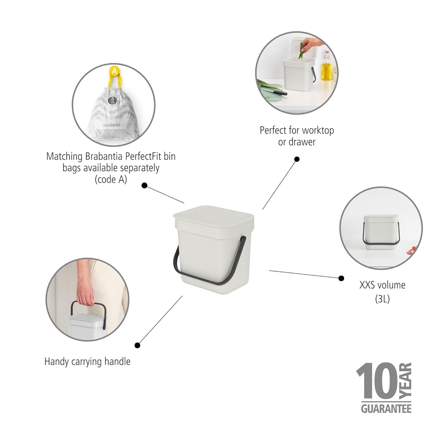 Brabantia Sort & Go Food Trash Can (0.8 Gal/Light Gray) Small Countertop Kitchen Compost Caddy with Handle & Removable Lid, Easy Clean