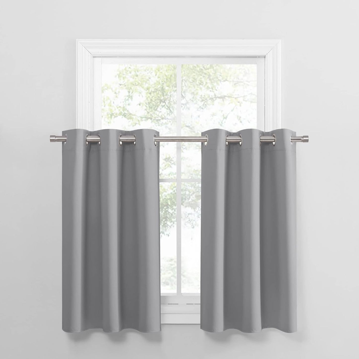 PONY DANCE Short Blackout Curtains for Kitchen, Black Out Thermal Insulated Window Drapes Grommet Room Darkening Half Window Curtains for Studio Dorm Loft(2 Panels, W 42 x L 36 inches, Silver Grey)