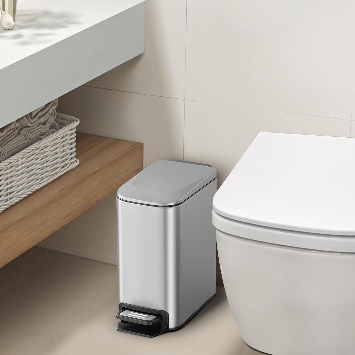 Cesun Small Bathroom Trash Can with Lid Soft Close, Step Pedal, 6 Liter / 1.6 Gallon Stainless Steel Mini Garbage Can for Office, Outdoor Trash Bin with Removable Inner Bucket (Silver)