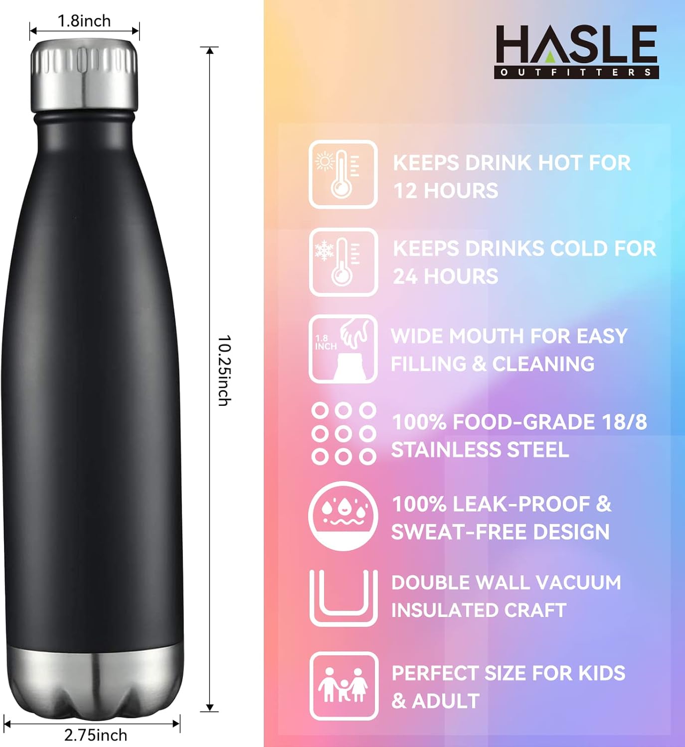 HASLE OUTFITTERS 17oz Stainless Steel Water Bottles Bulk, Vacuum Insulated Double Walled Reusable Metal Sports Water Bottles Keep Drinks Hot and Cold, Black, 8Packs