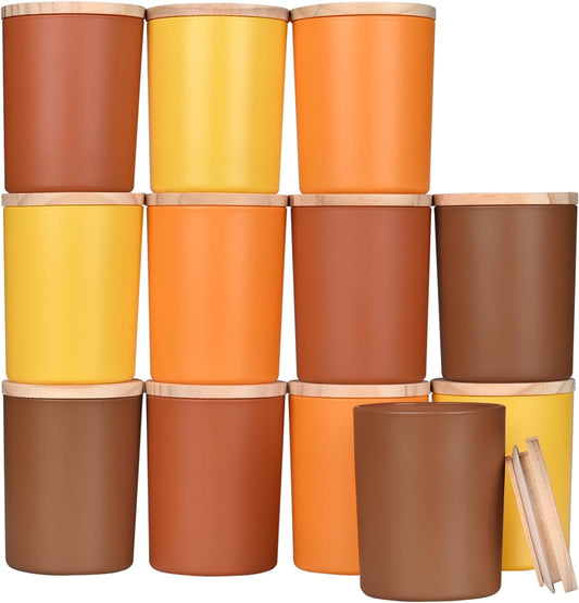 SHOWIN Thick Candle Jars for Making Candles 12 Pcs, 7 OZ Empty Jars with Wood Lids for Candle Making, Sample Container, Fall