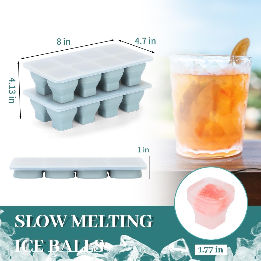 Foldable Ice Cube Trays, 2 Pack Folding Ice Cubes Maker Molds with Lid for Freezer, Easy-Release Silicone Ice Cube Tray Making, Ice Chilling Cocktail、Whiskey、Tea、Coffee、Ice Cream Maker、Baby Food