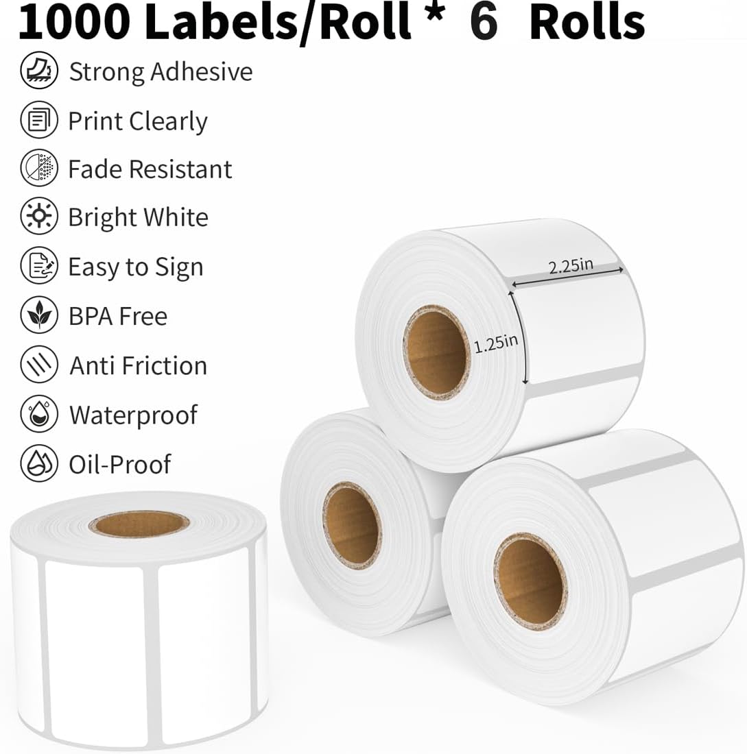 2.25 x 1.25 Thermal Labels, Printable Blank Label Stickers 6000 Label Papers for Barcode Labels, FNSKU, Mailing, Shipping, Compatible with Rollo, Zebra and More Thermal Printer