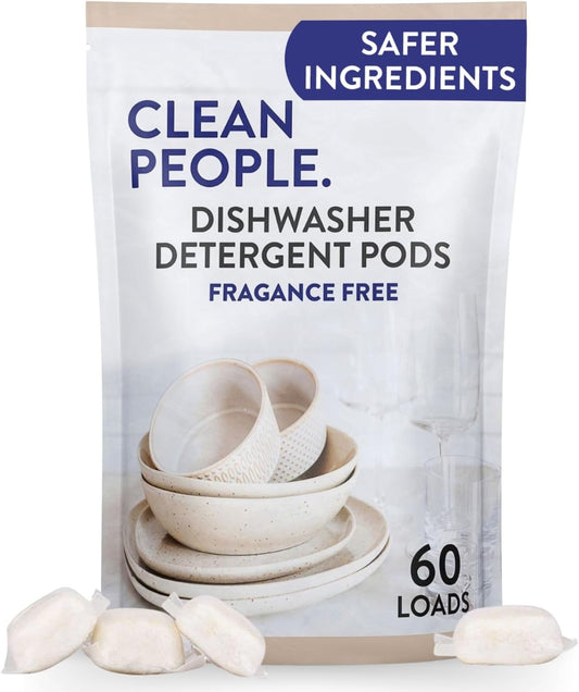 The Clean People Dishwasher Pods - Cuts Grease & Rinses Sparkling Clean - Residue-Free - Phosphate Free Dishwashing Pods (60 Count, Fragrance Free)
