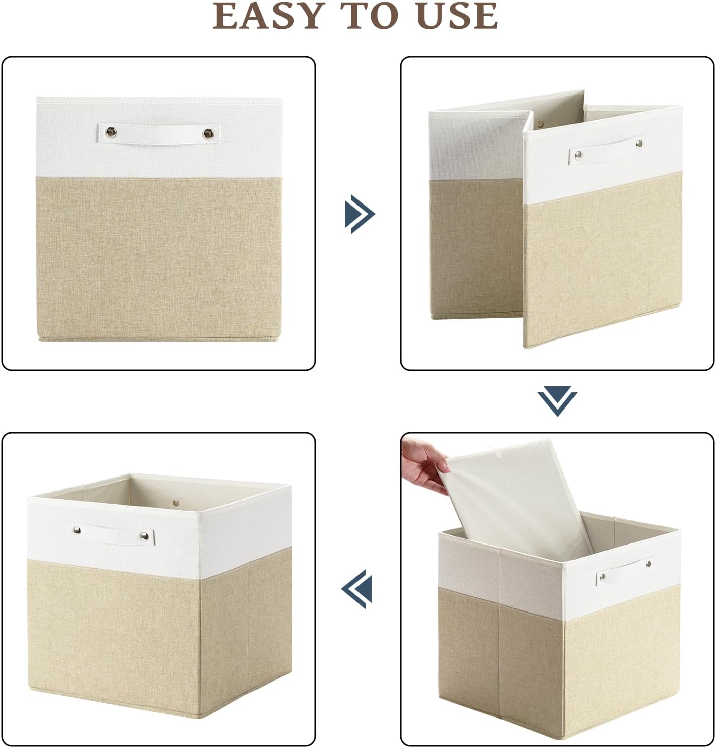 13 x 13 Inch Fine Linen Storage Bins with Handles，Fabric Cube Boxs，Collapsible Basket Organizers for Shelves for Home, Closet Drawers (White/Khaki-6 Pack)
