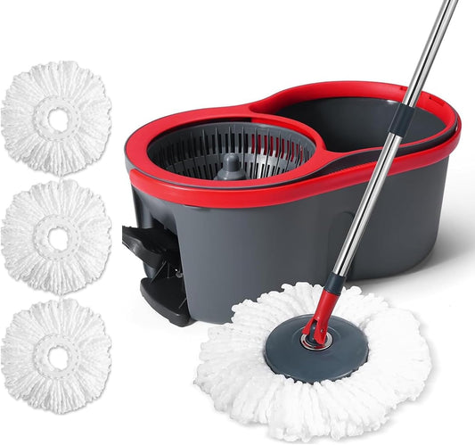 360° Spin Mop and Bucket Set Quick-Dry Technology,Mop and Bucket with Wringer Set for Home & Kitchen,Wet/Dry Floor Cleaning Kit with 4 Microfiber Mop Heads & Adjustable Handle
