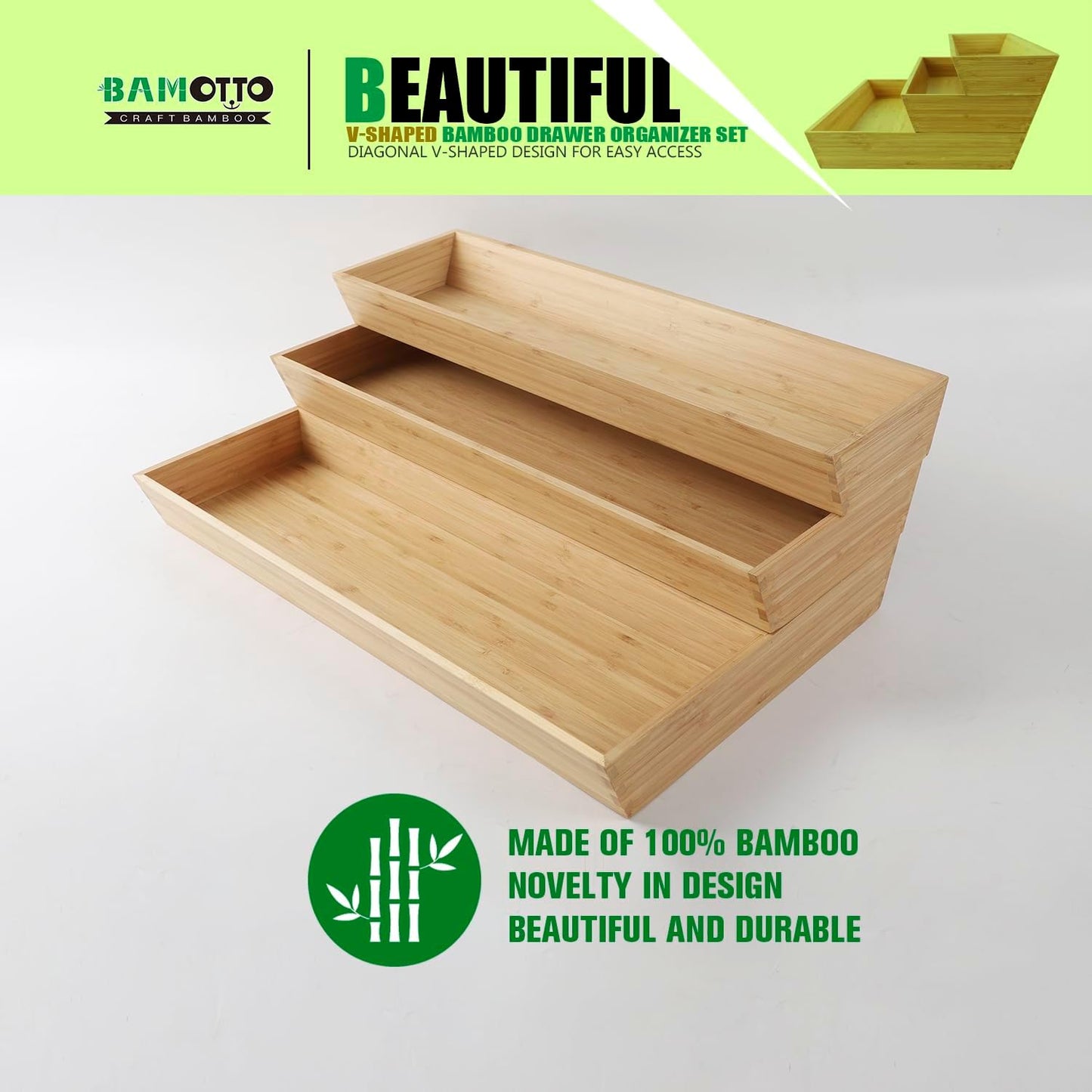 V-Shaped Bamboo Drawer Organizer Set of 3, Kitchen Large and Long Utensil Plate, Flatware & Silverware Storage Box, Wood Drawer Organizer for Bedroom, Living Room (19.6"x5.7" & 7.8" & 12.4")