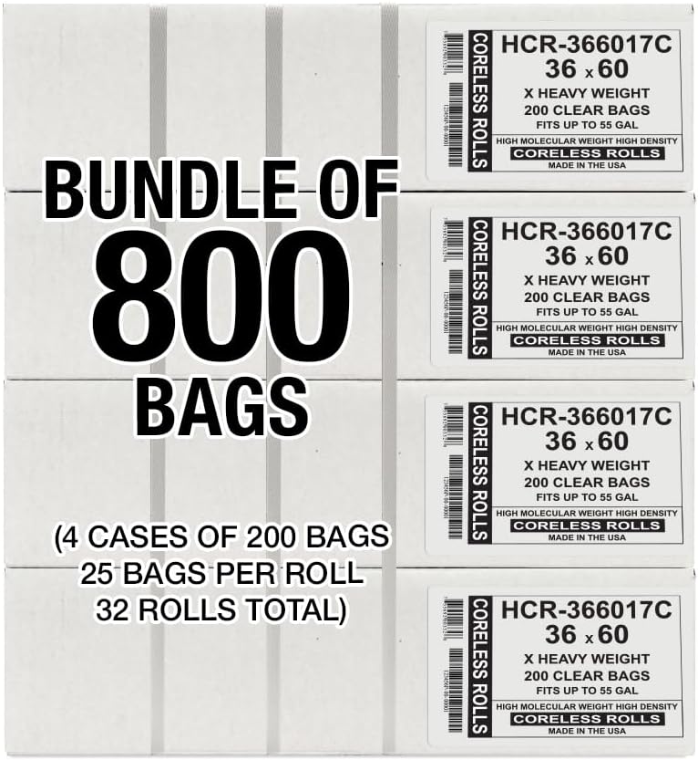Aluf Plastics High Density Trash Bags, 55 Gallon, 800 Count, 17 Micron (eq), 36" x 60", Clear, for Bathroom, Office, Industrial, Commercial, Janitorial, Municipal, Recycling
