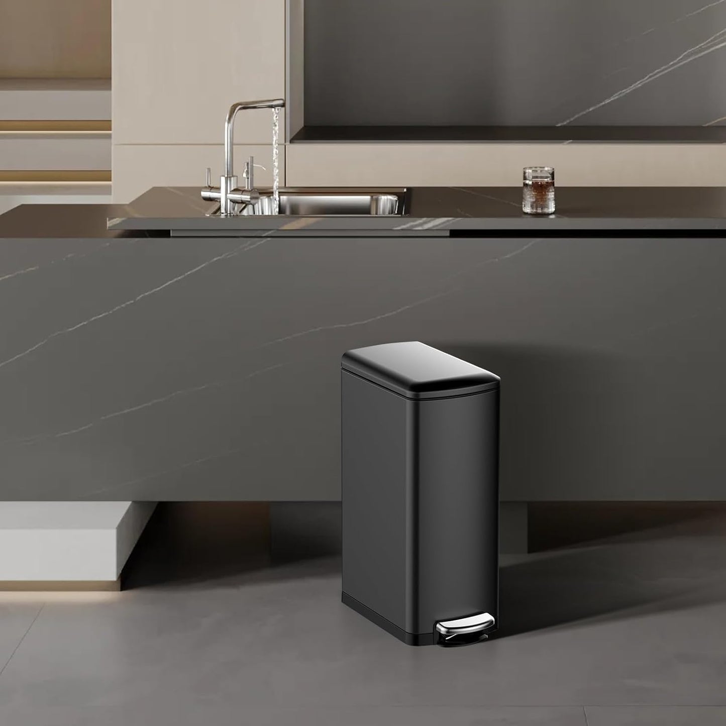 30 L Kitchen Step Trash Can, 8 Gallon Narrow Stainless Steel Waste Bin with Soft-Close Lid, Rectangle Rubbish Bin with Removable Inner Bucket for Bathroom, Dining Room, Living Room