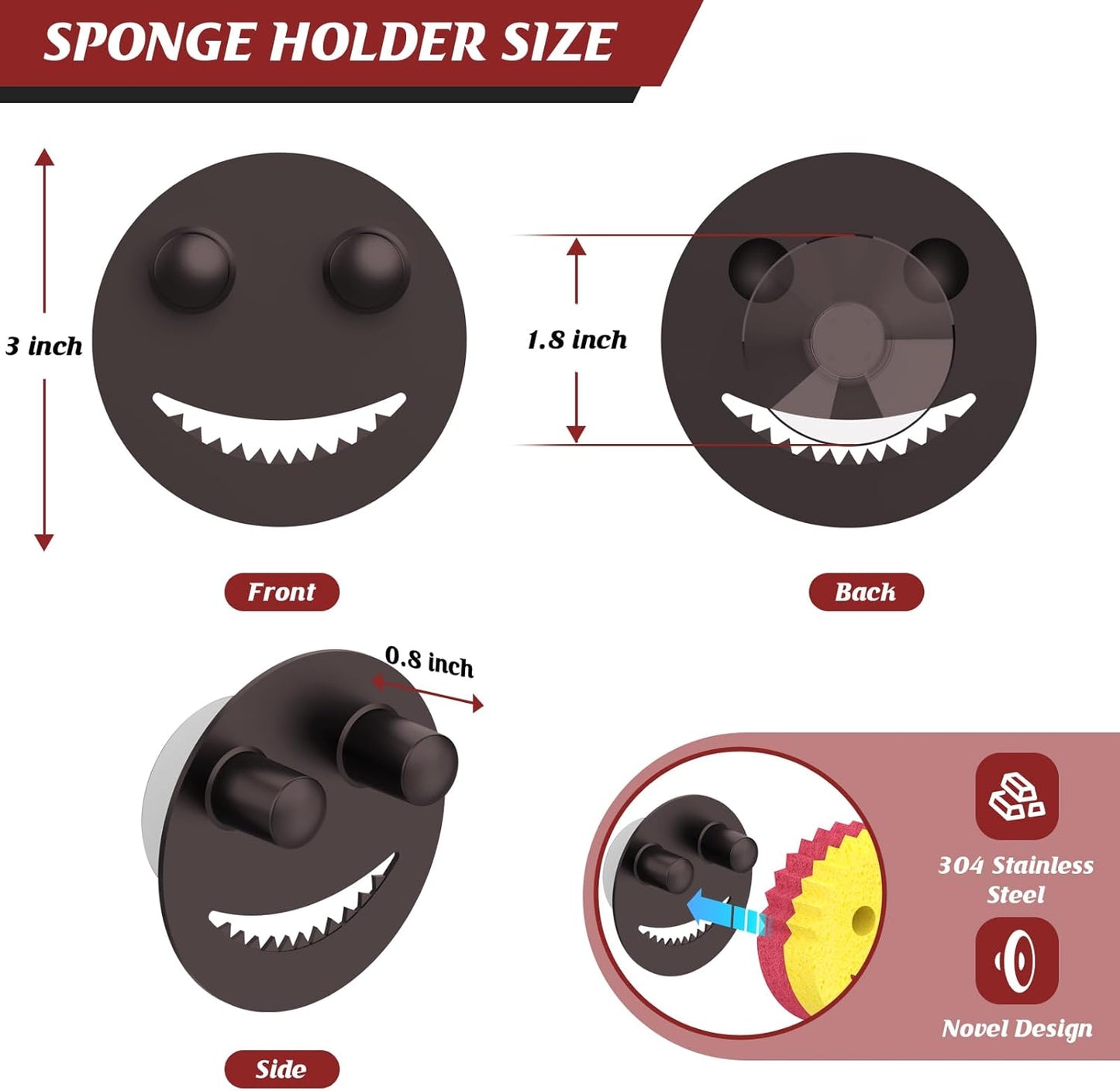 Sponge Holder for Kitchen Sink,Sink Caddy Organizer with Suction Cup Installation for Kitchen/Bathroom, Self Draining,Sponge Caddy for Holding Smiley Sponges-Bronze