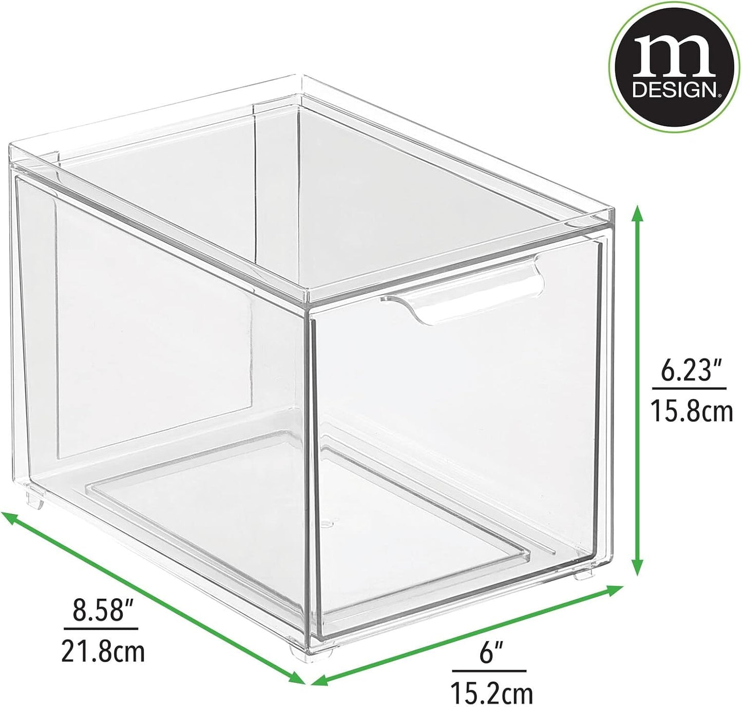 mDesign Plastic Pantry Organization and Storage Bin w/Pull Out Drawer - Slim Stackable Kitchen Supplies Storage Container for Organizing Cabinet, Fridge, Freezer - Lumiere Collection - 4 Pack - Clear