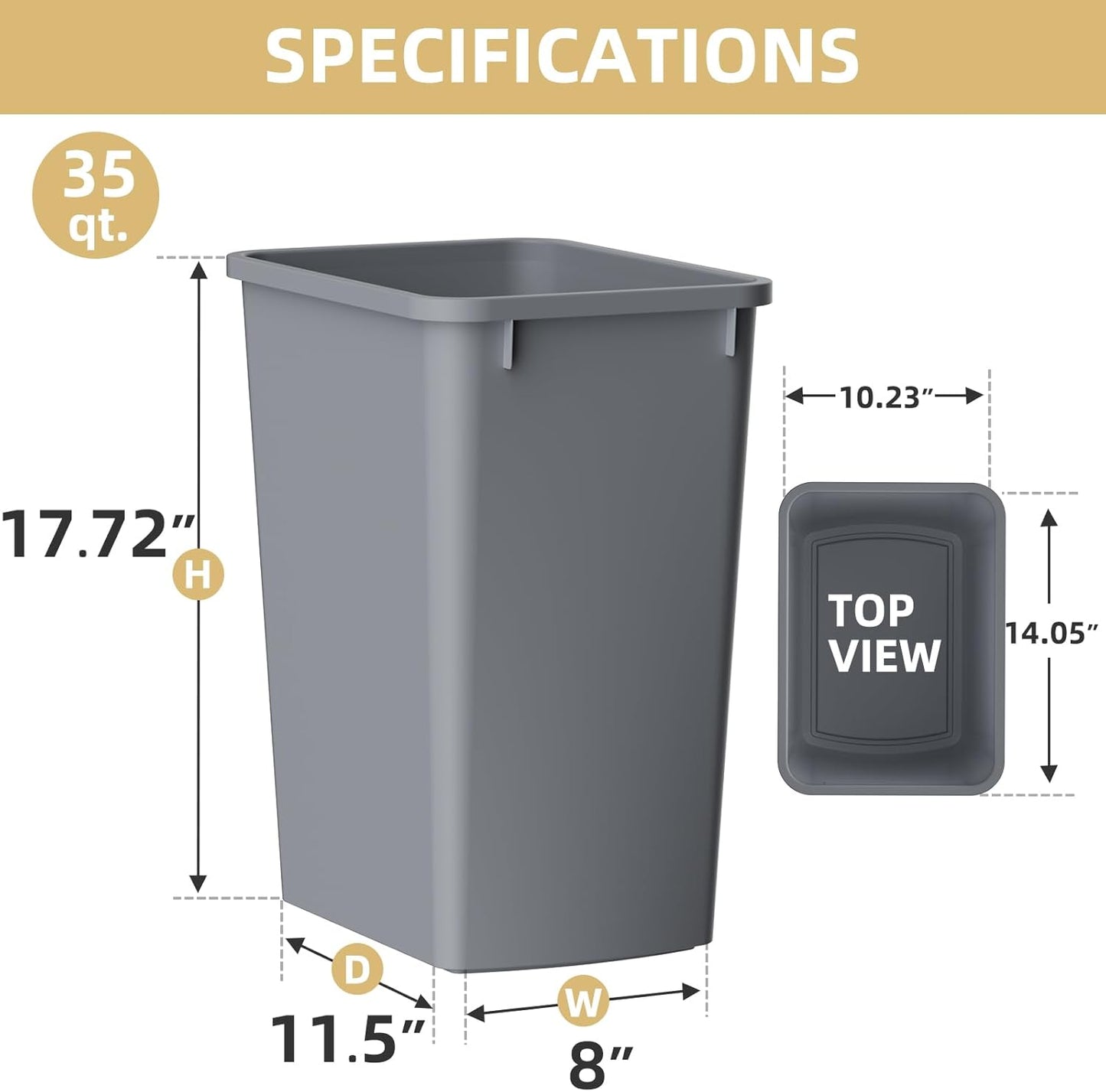 ROOMTEC Lightweight and Durable Slim Trash Can, Wastebaskets for Office, Workspace, Kitchen, Bathroom